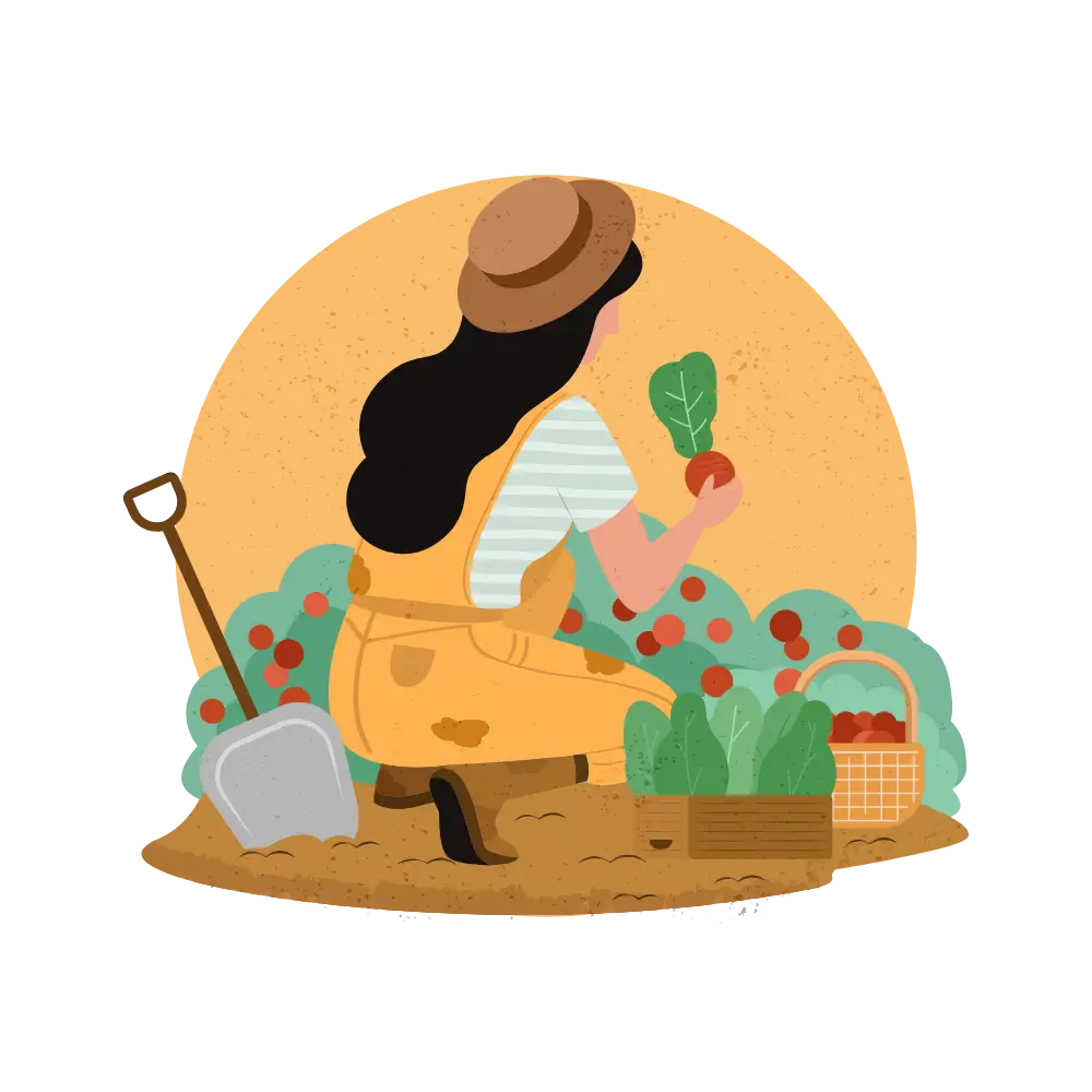 Jeune agricultrice souriante tenant une caisse de légumes fraîchement récoltés dans un champ.