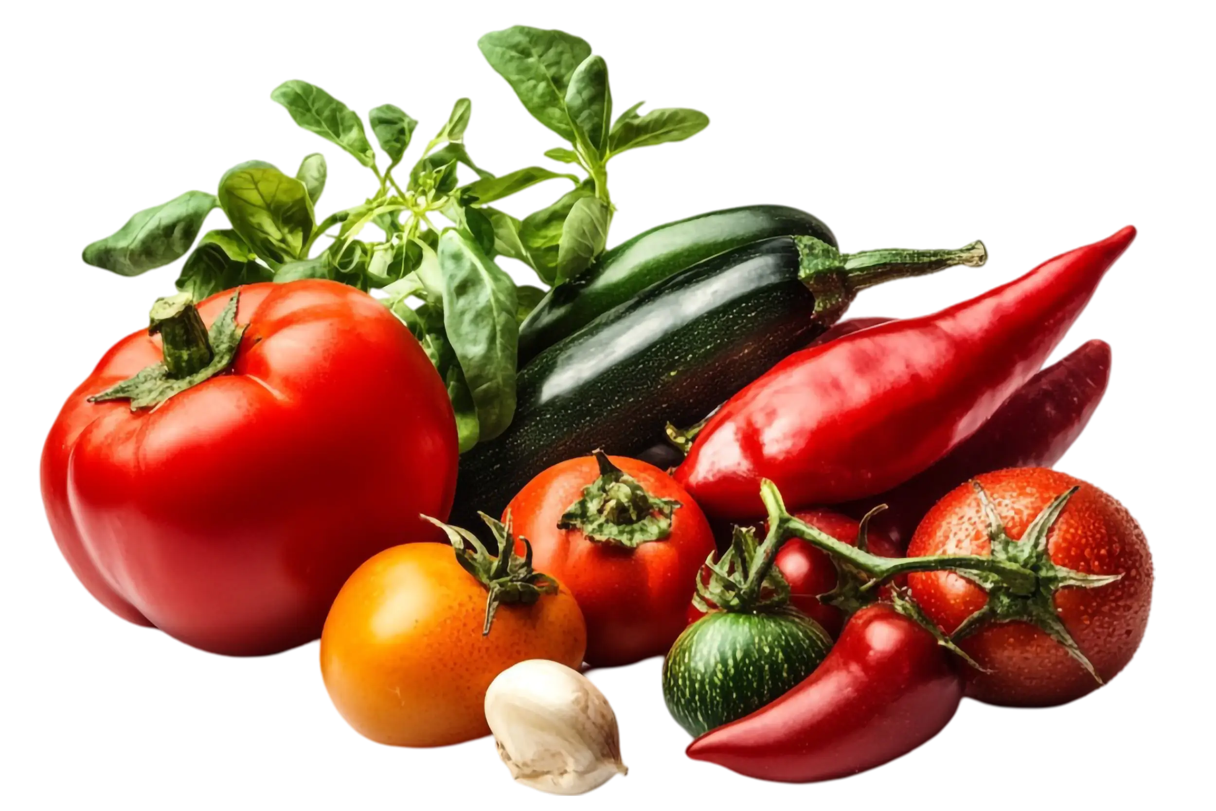 Tomates, courgettes et poivrons – Fruits et légumes du Vaucluse Photo de tomates, courgettes, gousses d’ail et poivrons frais, représentant la diversité des fruits et légumes du Vaucluse.