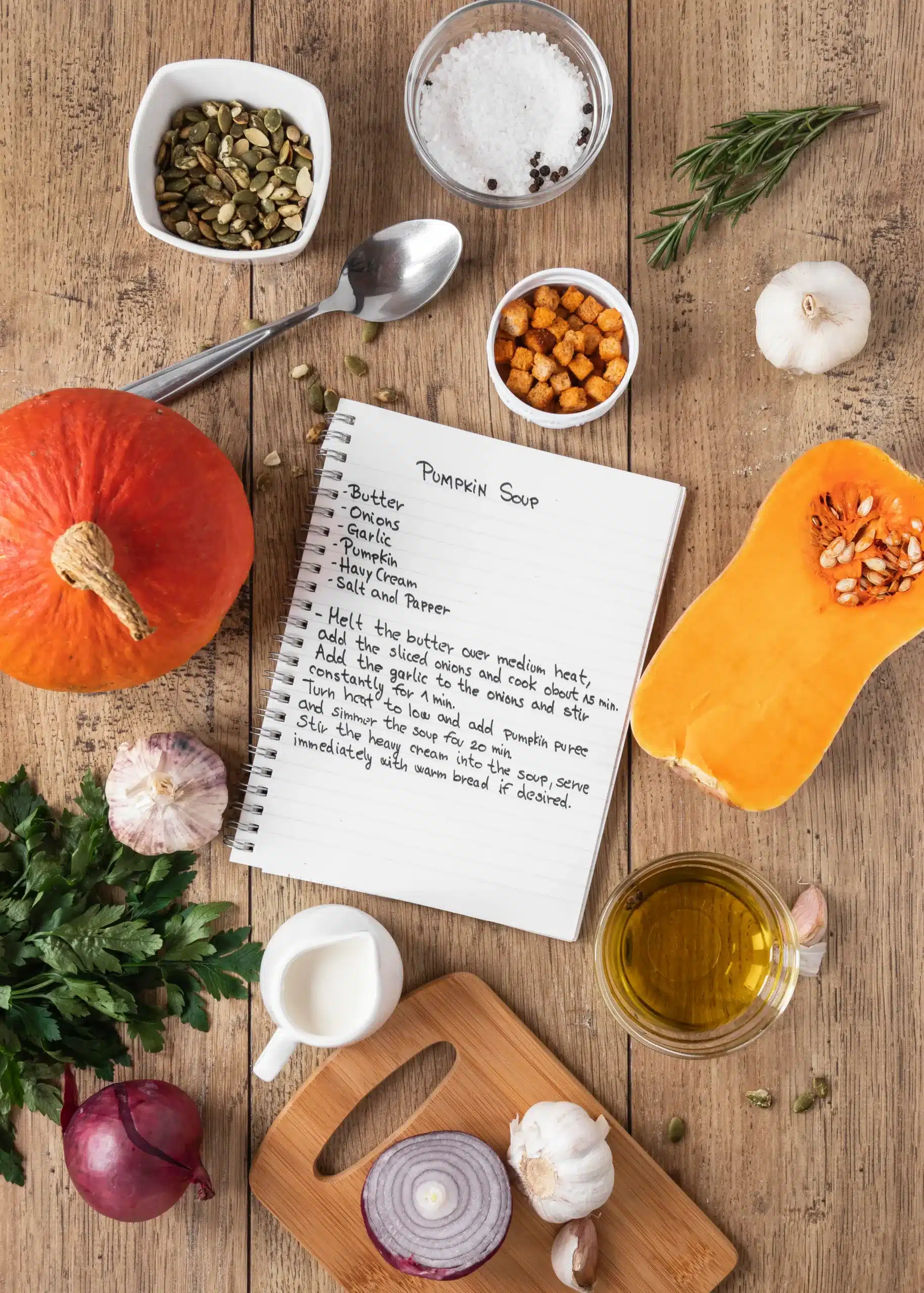vue-de-dessus-des-ingredients-alimentaires-avec-cahier-et-citrouille Courges, butternut, ails et autres produits de Provence mis en scène avec une recette artisanale.