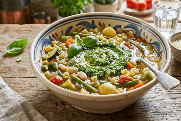 Bol de soupe au pistou provençale garni de légumes de saison, haricots blancs, petites pâtes et pistou au basilic frais, servi sur une table en bois rustique.